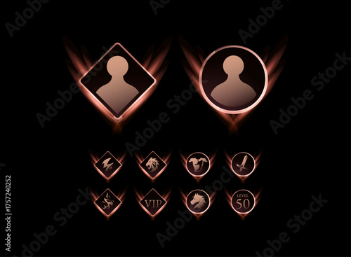 Fantasy glowing profile badge icon set, elegant red light diamond and circle frame with class and VIP symbols for RPG UI design.