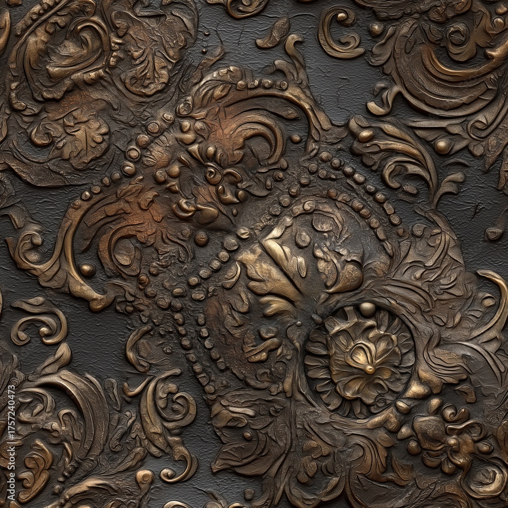 Fototapeta premium Seamless vintage old bronze texture with ornate embossed metal details. Antique steampunk pattern for wallpaper, fabric, wrapping paper, or surface design
