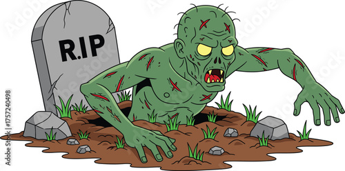 Zombie crawling from grave, Halloween horror illustration, undead monster artwork, scary cartoon design, spooky cemetery scene, creepy night undead character drawing