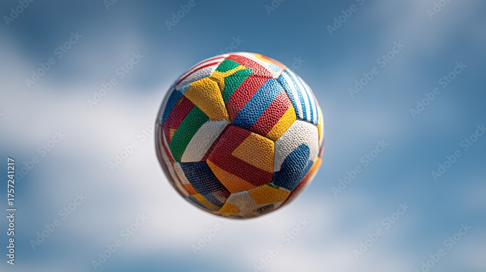 Fototapeta premium Soccer ball with various national flags hovering against a blue sky with light clouds, symbolizing international soccer competition and global unity through sports