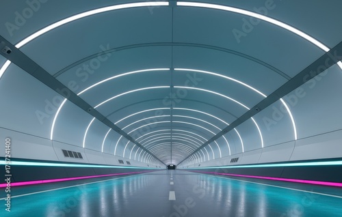 A futuristic tunnel with neon lights leading to the vanishing point. This photograph showcases a symmetrical perspective. 