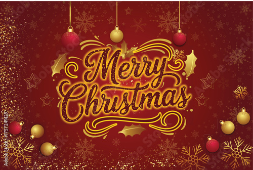 “Merry Christmas” in gold script with festive ornaments and snowflakes—EPS vector for holiday design.