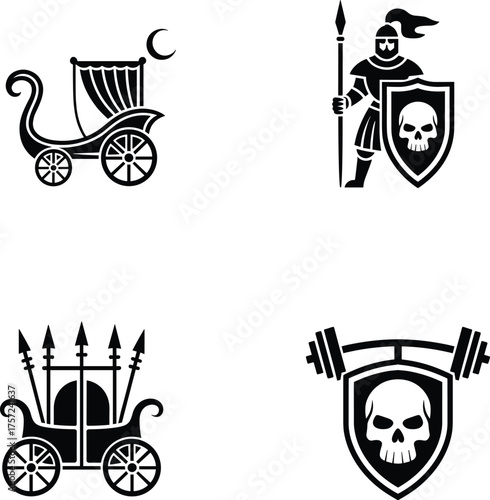 Medieval warrior illustration, fantasy chariot artwork, skull shield emblem design, spear armed fighter drawing, barbell strength symbol, ancient combat themed graphic