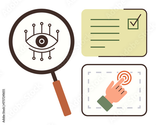 Magnifying glass with an AI eye, checklist with a tick symbol, and hand pressing a digital button. Ideal for AI, data analysis, user interface, decision-making, innovation, technology research