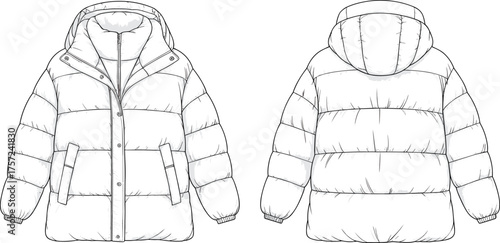 Cad drawing flat vector illustration, quilted puffer jacket technical sketch, front and back view, fashion template, garment construction detail