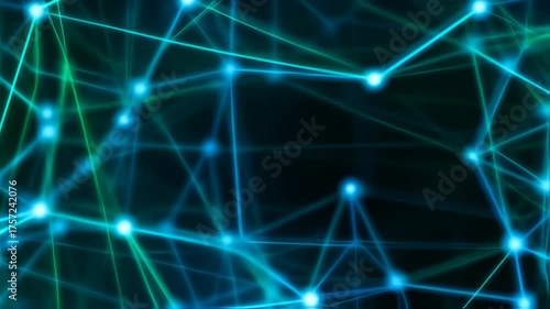 Abstract depiction of connected glowing nodes with lines in blue and green against a dark background