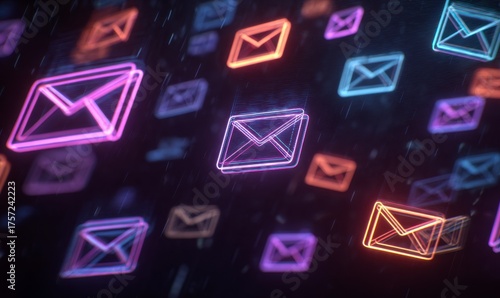 Colorful Neon Email Icons on Dark Background for Digital Communication