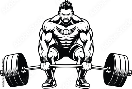 Muscular athlete deadlift illustration, bodybuilding strength training artwork, fitness man lifting heavy barbell, gym workout drawing, powerlifting poster, black white design