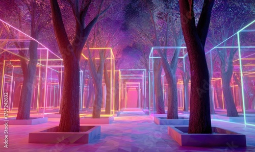 Futuristic Forest with Neon Lights and Abstract Geometry