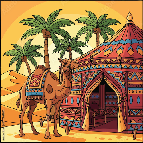 A colorful illustration of a dromedary camel and a traditional tent.