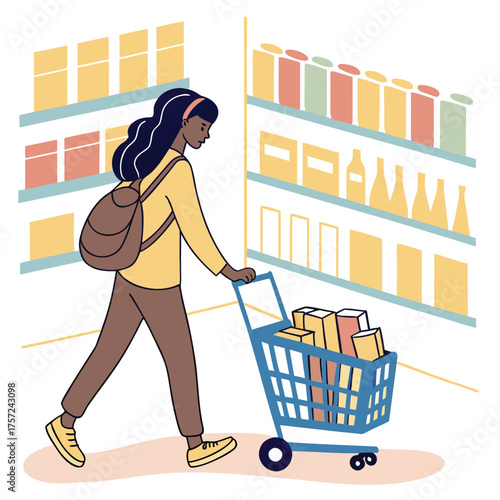 DarkHaired woman with backpack walks with a full shopping cart in the market aisle