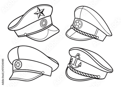 Four Outline Military Style Caps with Different Emblems on White Background navy army