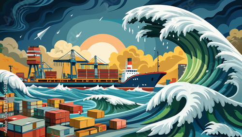 Massive tsunami sweeping over harbor, ships lifted by waves, cranes and containers collapsing, stormy gray sky reflecting in turbulent water, realistic cinematic view