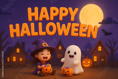 Happy Halloween Kids in Cute Costumes Sitting Under Full Moon