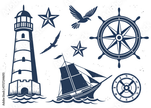 Nautical collection with lighthouse, sailboat, ship wheel, compass, stars and birds maritime ocean