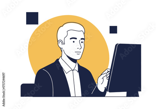 Professional Man with Computer – Modern Flat Vector Portrait Design