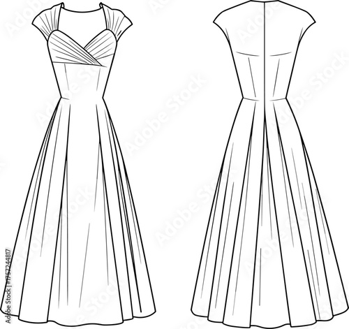 Cad drawing flat vector illustration, sweetheart neckline dress technical sketch, front and back view, fashion template, garment construction detail