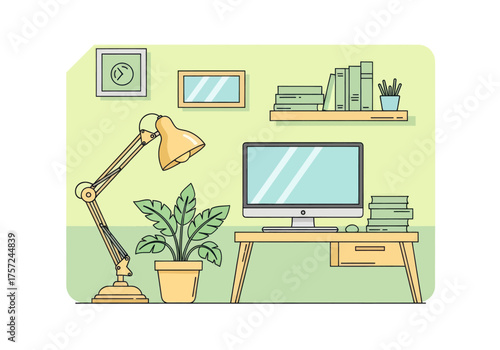 Modern Minimal Home Office Workspace with Desk and Computer – Vector Illustration