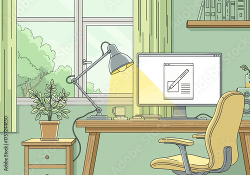 Modern Minimal Home Office Workspace with Desk and Computer – Vector Illustration