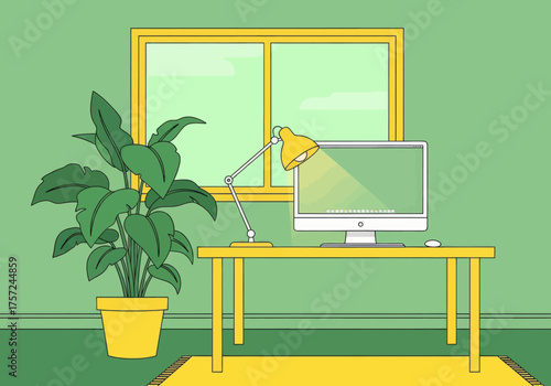 Modern Minimal Home Office Workspace with Desk and Computer – Vector Illustration