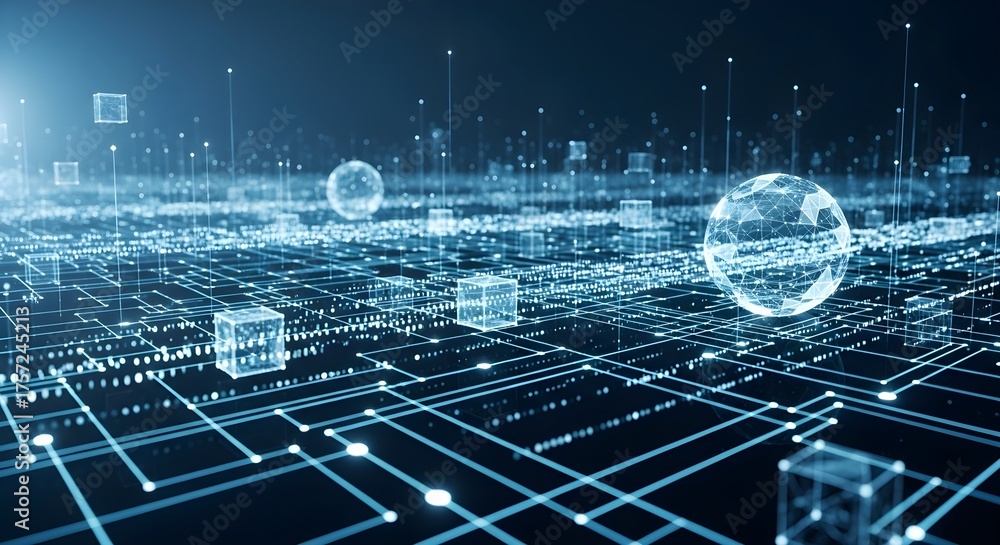 Fototapeta premium Blue digital network shines, grid lines form a geometric pattern for tech branding, corporate videos, data visualization.