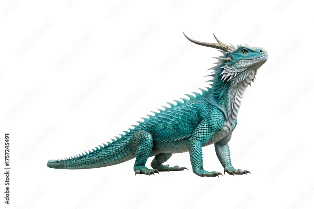 Fototapeta premium Turquoise horned dragon with spiky crest, reptilian scales, long tail, fantasy lizard creature in side profile, isolated on a transparent background