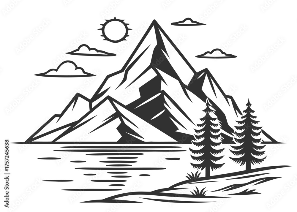 Obraz premium Stylized mountain landscape with sun, clouds, lake and pine trees in black and white nature