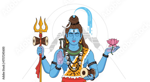 Spiritual Hindu deity illustration with Shiva meditating and holding lotus flower. Hindu deity graphic art with spiritual significance and meditative pose.