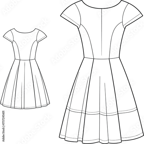Cad drawing flat vector illustration, technical fashion sketch, dress design template, princess seam bodice, flared skirt, garment construction detail