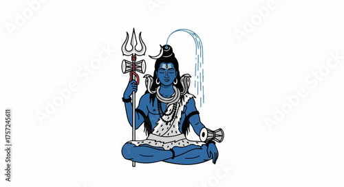 Illustration of Lord Shiva meditating on isolated white backdrop, divine illustration. Lord Shiva, also known as Mahadeva, meaning great God, popular among devotees,