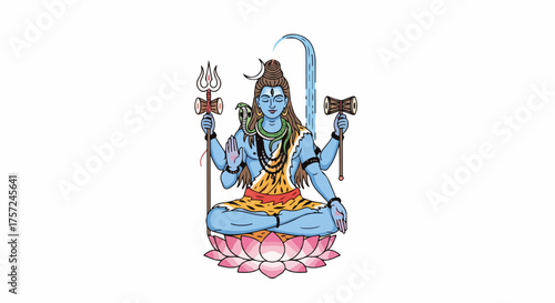 Depiction of Lord Shiva meditating, an icon of Hinduism, is displayed on a lotus flower. Lord Shiva is holding a trident and damaru in his hands,