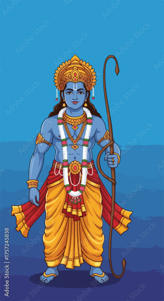 Fototapeta premium Lord Rama illustration depicts deity figure holding traditional bow, standing against blue backdrop. Lord Rama stands as a symbol of righteousness, strength, and devotion.