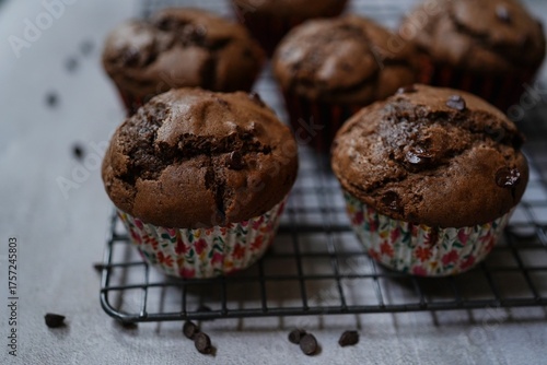 Homemade double chocolate muffins with loaded chocolate chips, selective focus