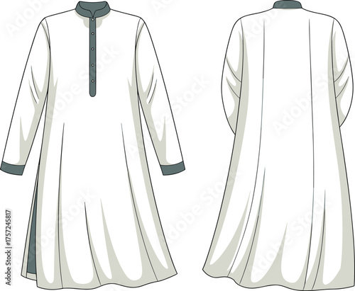 Cad drawing flat vector illustration, traditional thobe garment technical sketch, front and back view, fashion l 