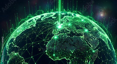Green tech globe shows connections across the world. Background is used for digital video or technology product photography.