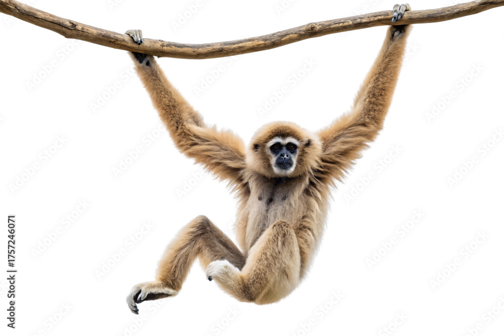 Naklejka premium Young gibbon hanging from branch by long arms with legs dangling below, isolated on a transparent background