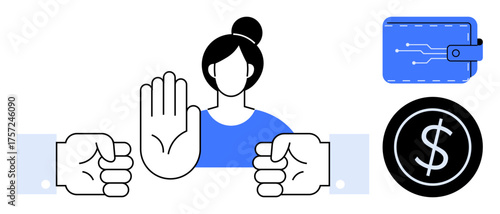 Woman gesturing stop with raised hand between clasped fists, digital wallet, and coin. Ideal for finance, budgeting, security, boundaries, negotiation protection awareness. Simple flat metaphor