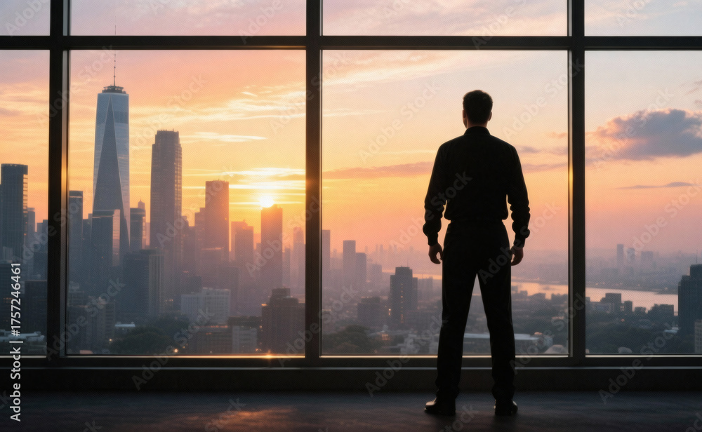Fototapeta premium A man stands before a large window, gazing at a cityscape during a vibrant sunset.