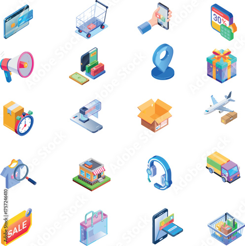 Isometric E-commerce and Online Shopping Icon Set: Retail, Delivery, Marketing, and Payment