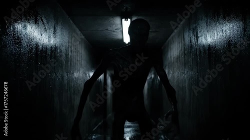 A scary, gaunt monster walking down a dark, wet industrial tunnel towards the viewer, a horror concept animation footage.