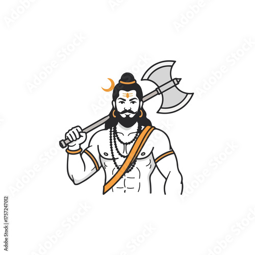 Illustration of Parashurama holding axe on white backdrop for cultural designs. Parashurama, incarnation of Vishnu, holding parashu with shoulder beads is a symbol of Indian culture.