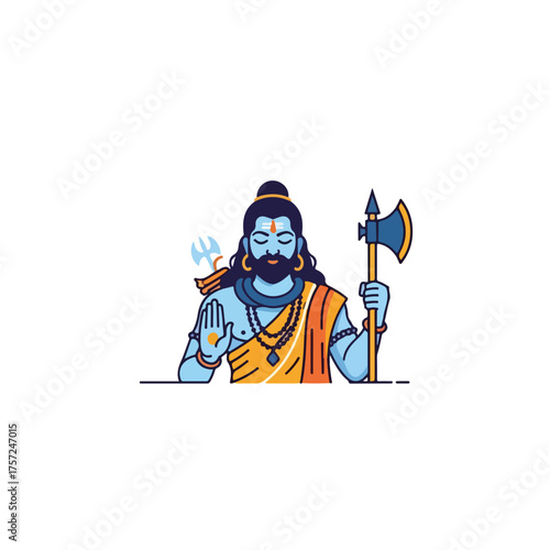 Illustration of Parashurama, sixth avatar of Vishnu, holding axe and giving blessing gesture. Representation of Parashurama with blue skin, long beard,