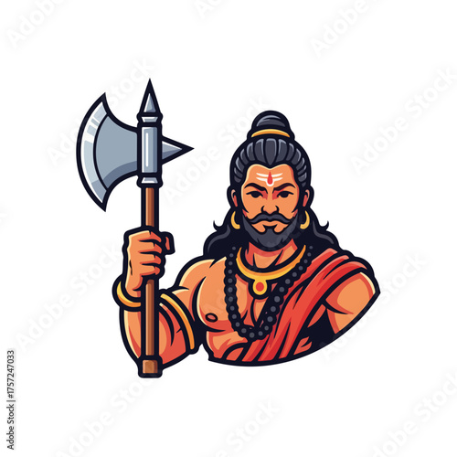 Illustration of Parashurama holding axe. Parashurama, sixth avatar of Vishnu, is shown with a traditional axe in hand and wearing a religious robe, representing strength and wisdom.