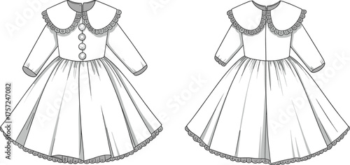 Cad drawing flat vector illustration, vintage girl dress technical sketch, front and back view, fashion template, garment construction detail