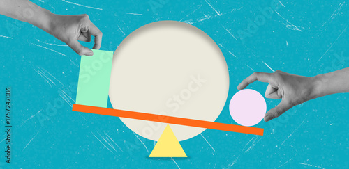 Art collage, Hands balancing shapes on a seesaw against a turquoise background during a design workshop activity