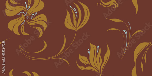 Golden floral seamless pattern stylized decorative leaf design. Elegant ornamental wallpaper background.