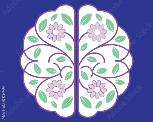 Floral Brain Design with Purple Flowers and Green Leaves Symbolizing Creativity, Nature-Inspired Intelligence, and Botanical Balance for Apparel Graphics