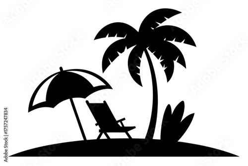 Beach chair  silhouette vector, Beach umbrella and chair  black symbol
