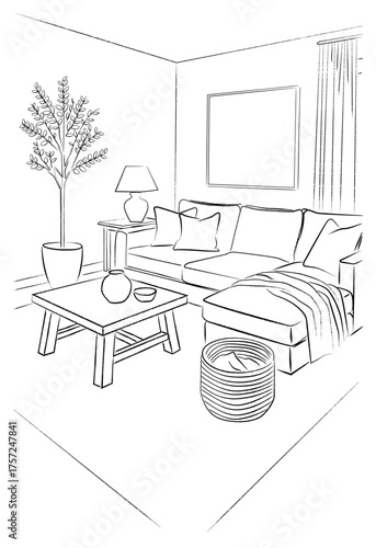 A black and white sketch of a living room interior. The drawing features a sofa, a branch, a window, and other furniture and decor elements. The style is minimalist and expressive