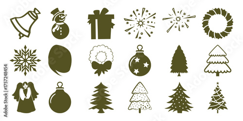 Collection of Christmas and Winter Holiday Icons: Bell, Snowman, Gift, Fireworks, Wreath, Snowflake, Trees, Angel